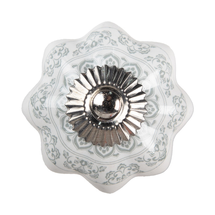 Clayre & Eef Deurknop Ø 4.5 cm Wit Grijs Keramiek Bloemen