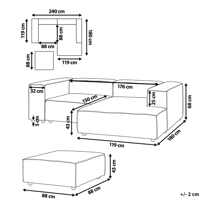 Beliani-APRICA-Tweezitsbank met ottomaan-Beige-Linkerzijde-Linnen