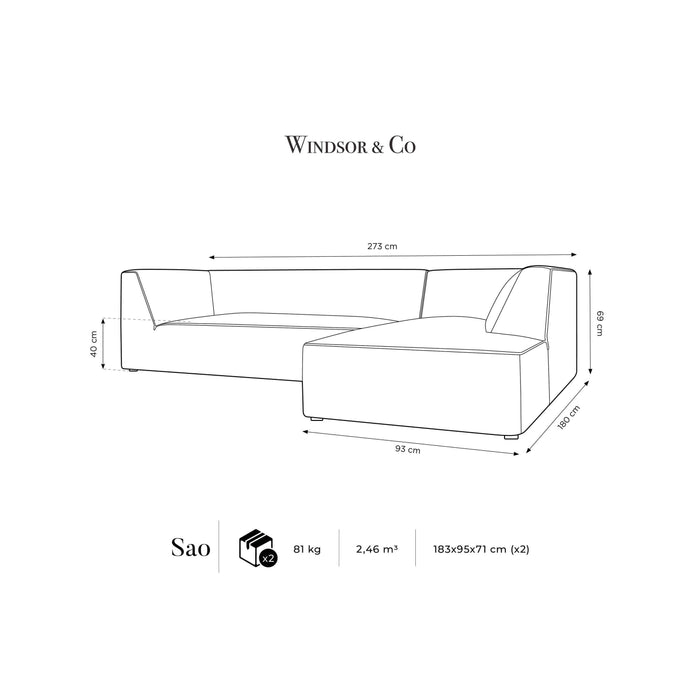 Windsor & Co Sao Hoekbank met Chaise Longue Rechts - 4-zits - Velvet - Koningsblauw