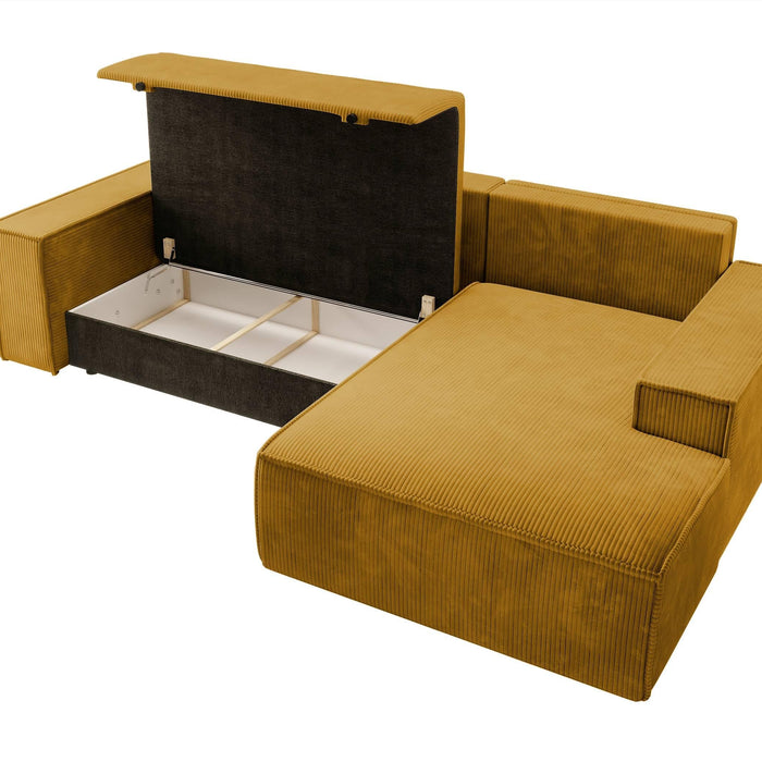 NADUVI Collection Galine Hoekbank met Chaise Longue Rechts met Slaapfunctie - Ribstof - Mosterdgeel