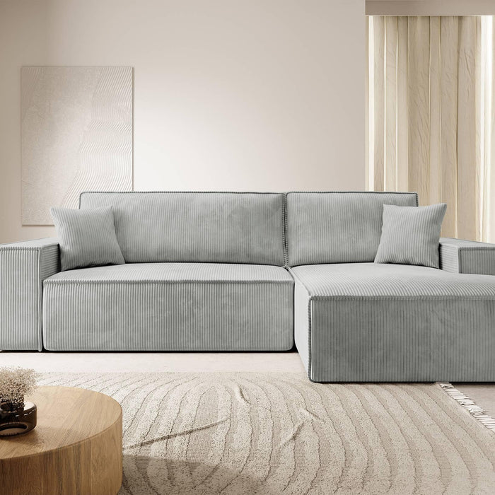 NADUVI Collection Galine Hoekbank met Chaise Longue Rechts met Slaapfunctie - Ribstof - Lichtgrijs