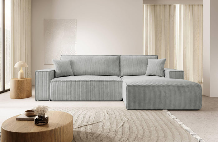 NADUVI Collection Galine Hoekbank met Chaise Longue Rechts met Slaapfunctie - Ribstof - Lichtgrijs