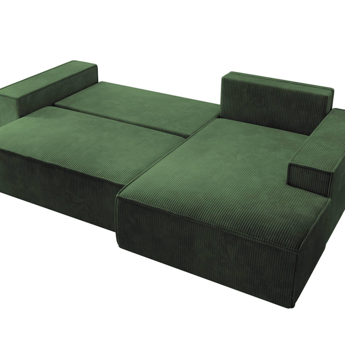 NADUVI Collection Galine Hoekbank met Chaise Longue Rechts met Slaapfunctie - Ribstof - Donkergroen