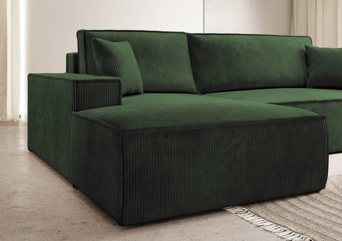 NADUVI Collection Galine Hoekbank met Chaise Longue Links met Slaapfunctie - Ribstof - Donkergroen