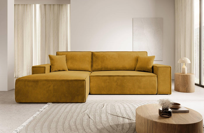 NADUVI Collection Galine Hoekbank met Chaise Longue Links met Slaapfunctie - Ribstof - Mosterdgeel