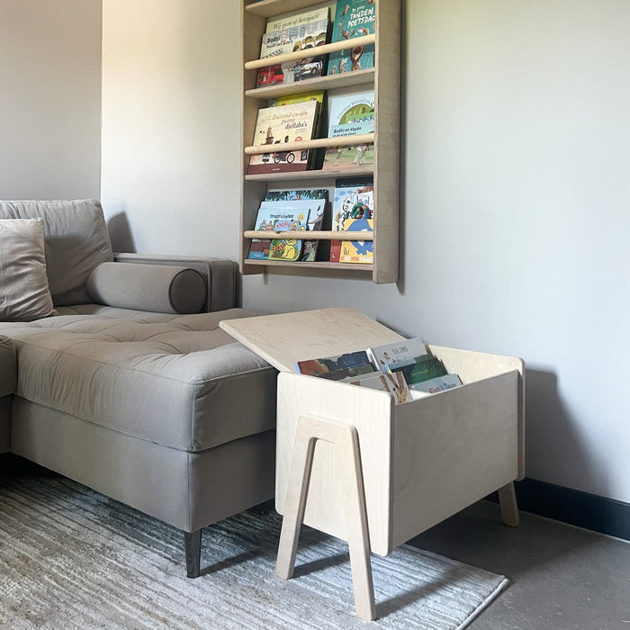 Montessori opbergkist kinderkamer | Houten boekenkist met klep - blank