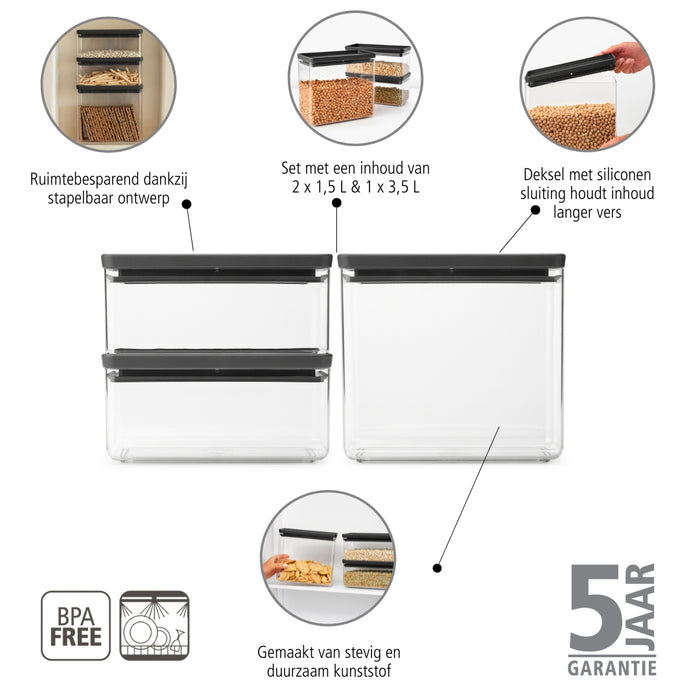 Brabantia Tasty+ Stapelbare Voorraadbus Set van 3 - 1,5 + 1,5 + 3,5 L - Dark Grey