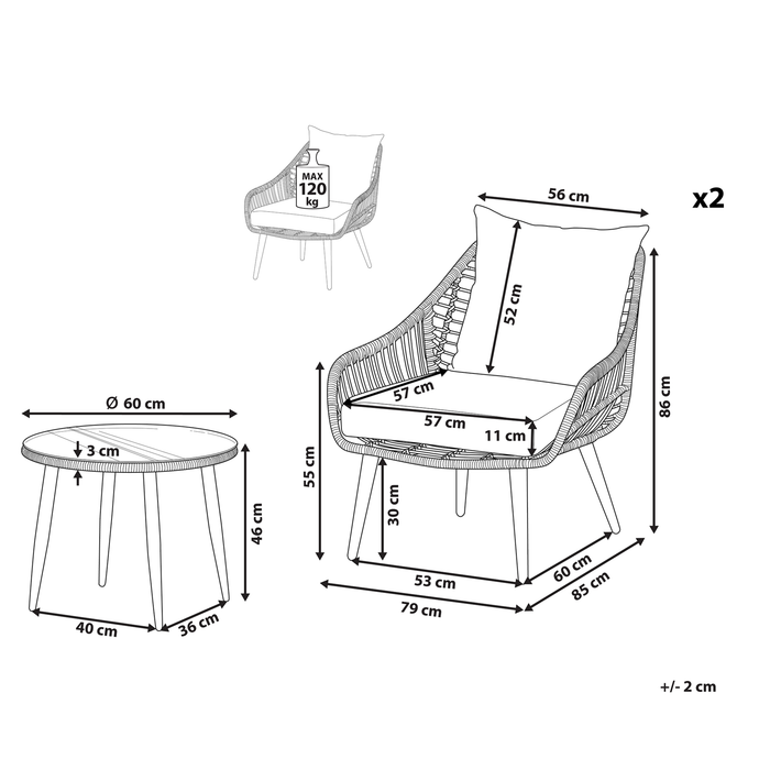 Beliani - LAURETO - Bistroset voor 2 - Grijs - PE rotan