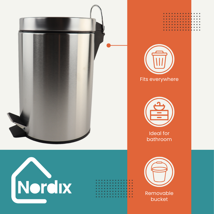 Nordix Pedaalemmer 3 liter Prullenbakje Badkamer Zilver RVS Toilet