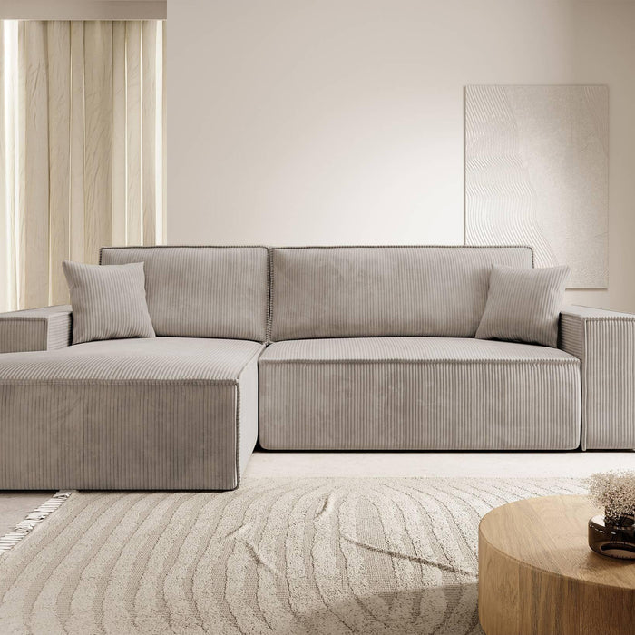 NADUVI Collection Galine Hoekbank met Chaise Longue Links met Slaapfunctie - Ribstof - Beige