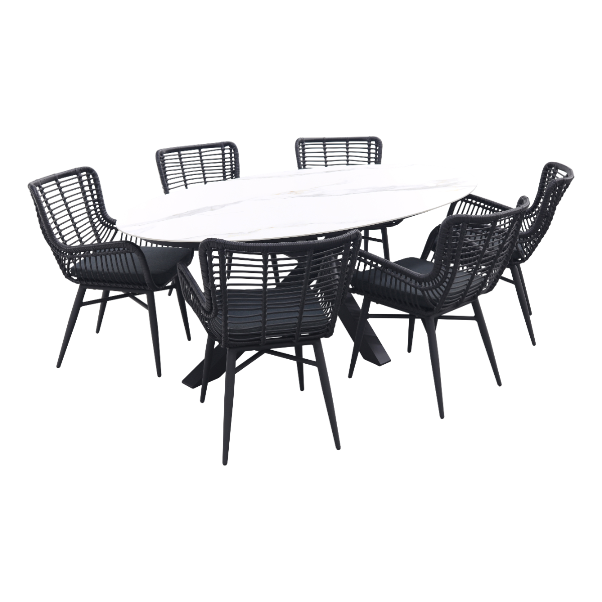 GI Ovale tuinset Scotland marmerlook wit|Jasmine stoel black–7 delig