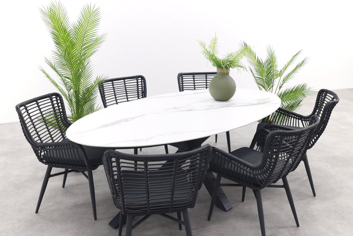 GI Ovale tuinset Scotland marmerlook wit|Jasmine stoel black–7 delig