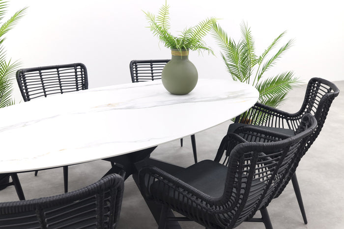 GI Ovale tuinset Scotland marmerlook wit|Jasmine stoel black–7 delig