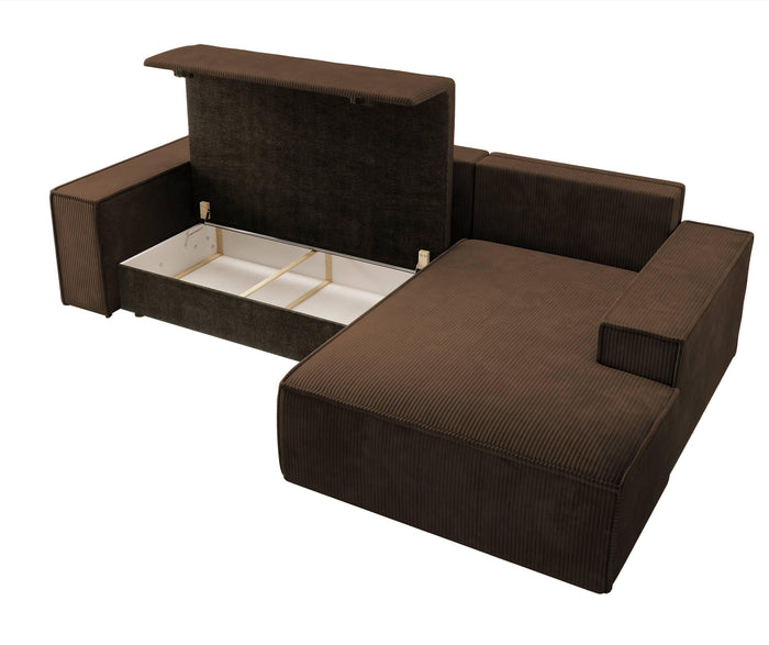 NADUVI Collection Galine Hoekbank met Chaise Longue Rechts met Slaapfunctie - Ribstof - Bruin