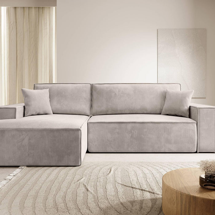 NADUVI Collection Galine Hoekbank met Chaise Longue Links met Slaapfunctie - Ribstof - Crème