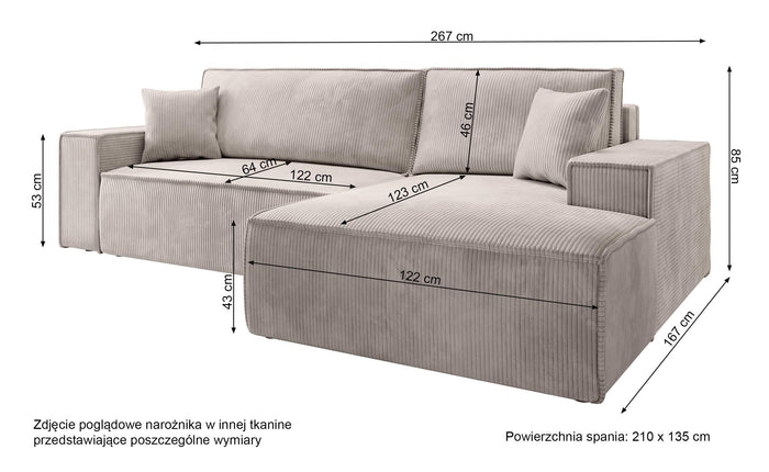 NADUVI Collection Galine Hoekbank met Chaise Longue Rechts met Slaapfunctie - Ribstof - Donkergrijs