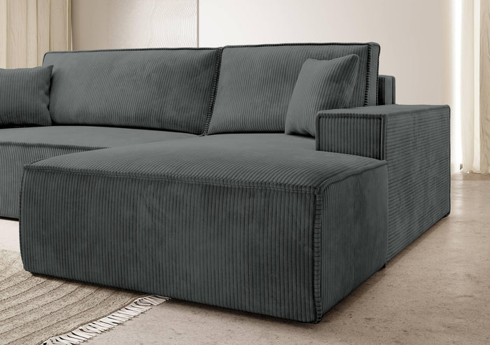 NADUVI Collection Galine Hoekbank met Chaise Longue Rechts met Slaapfunctie - Ribstof - Donkergrijs