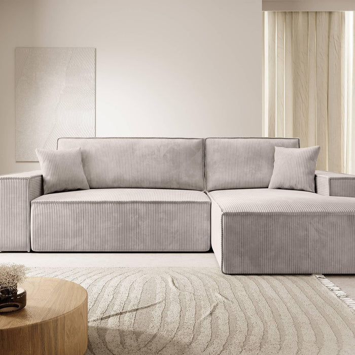 NADUVI Collection Galine Hoekbank met Chaise Longue Rechts met Slaapfunctie - Ribstof - Crème