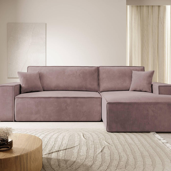 NADUVI Collection Galine Hoekbank met Chaise Longue Rechts met Slaapfunctie - Ribstof - Roze