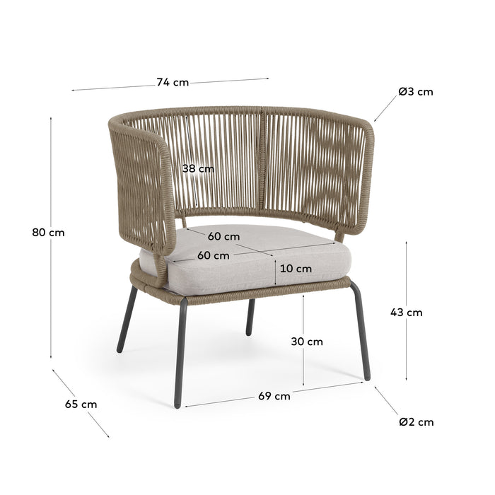 Kave Home - Nadin fauteuil in beige koord met gegalvaniseerde stalen