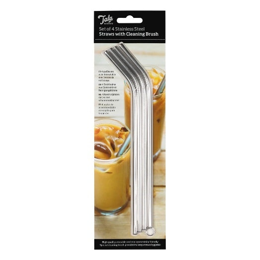 Tala - Rietjes met Schoonmaakborsel, Set van 4 Stuks, RVS - Tala