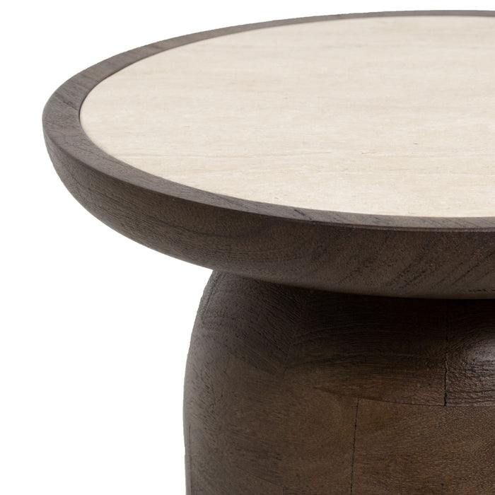 Giga Meubel - Bijzettafel Ø40cm Travertin - Bruin Houten Onderstel