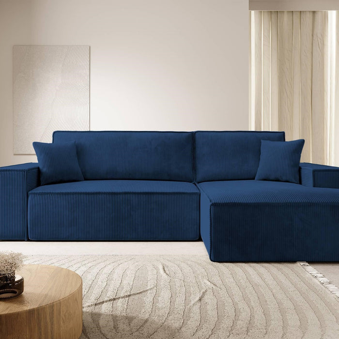 NADUVI Collection Galine Hoekbank met Chaise Longue Rechts met Slaapfunctie - Ribstof - Donkerblauw