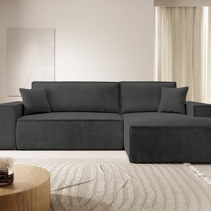 NADUVI Collection Galine Hoekbank met Chaise Longue Rechts met Slaapfunctie - Ribstof - Antraciet