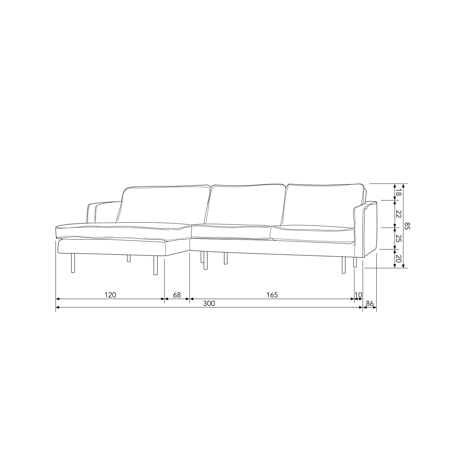 WOOOD Chaise Longue Rechts - Velvet - Wheatfield - 85x300x155