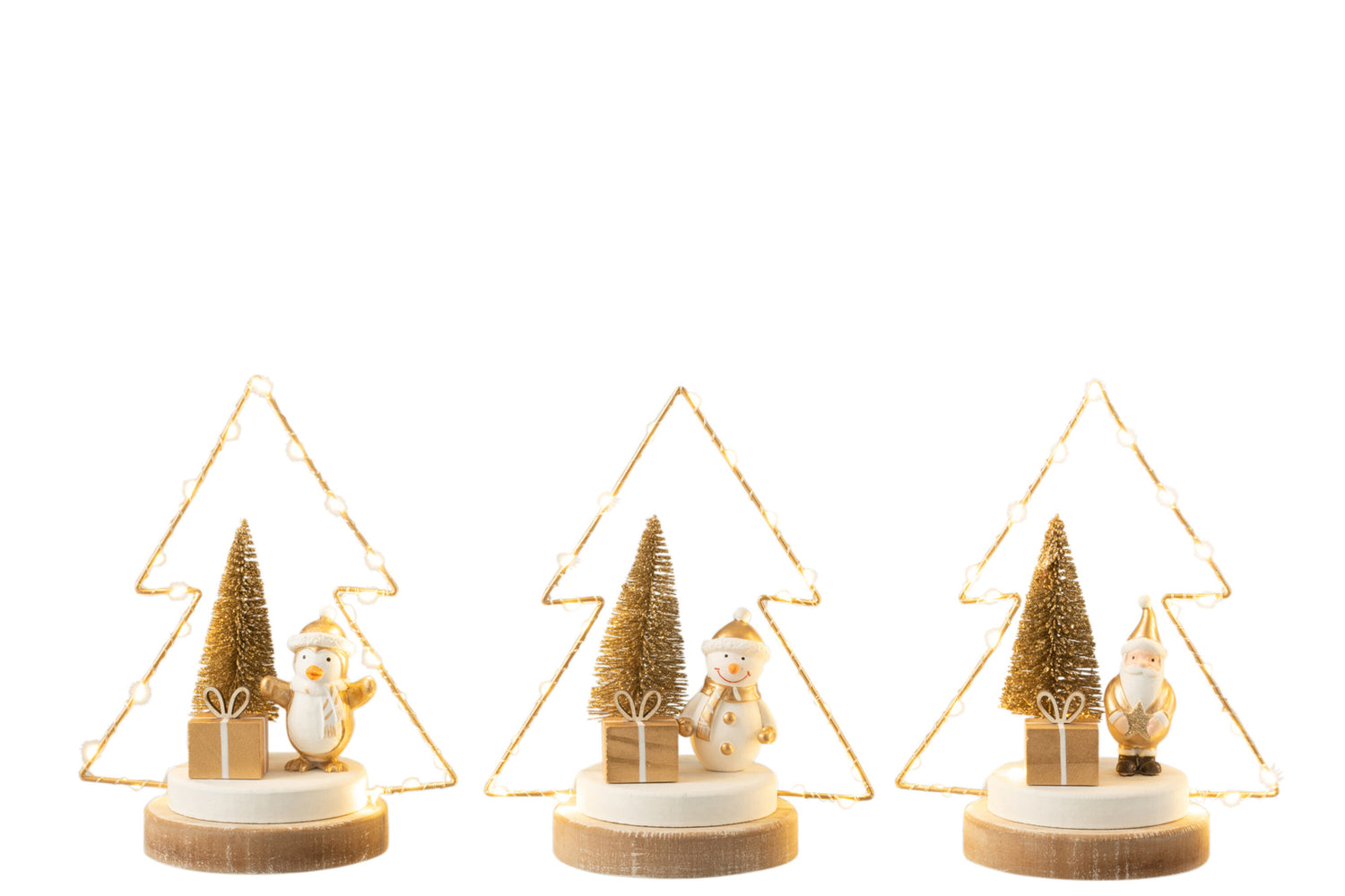 J-Line Kerstboom - hout - wit|goud|naturel - LED lichtjes - 3 stukjes