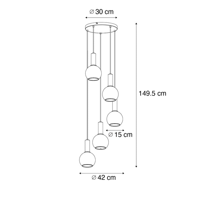 QAZQA Art Deco hanglamp zwart met smoke glas rond 5-lichts - Josje