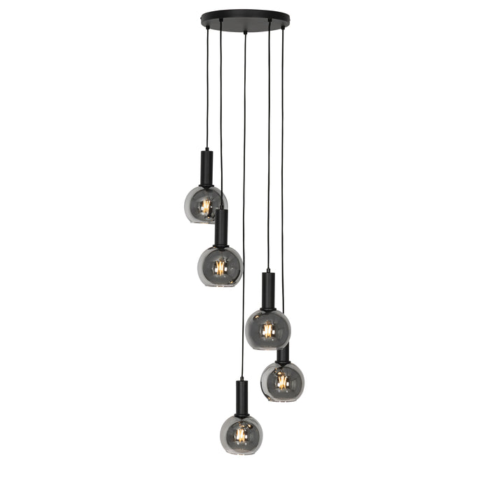 QAZQA Art Deco hanglamp zwart met smoke glas rond 5-lichts - Josje