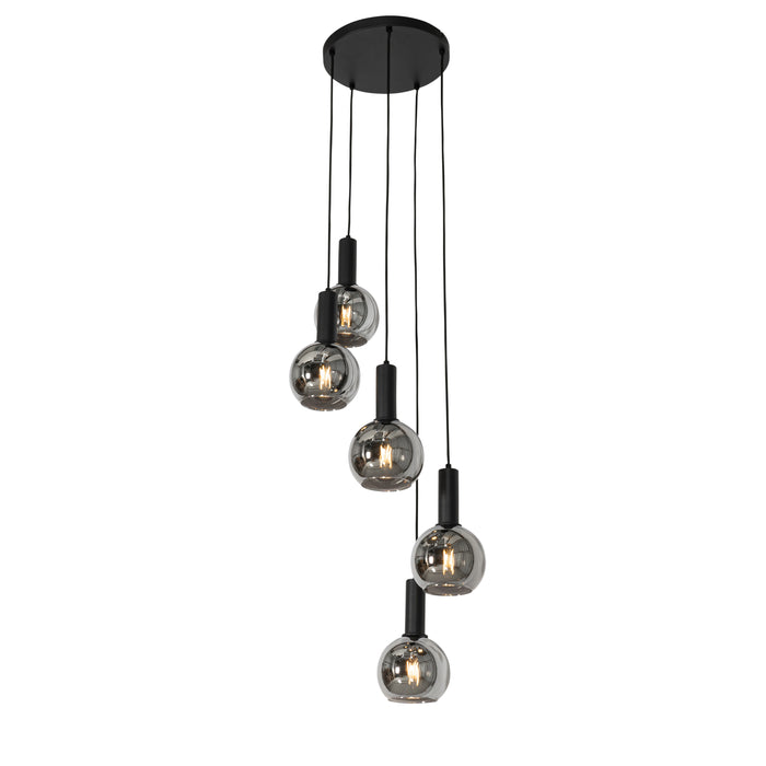 QAZQA Art Deco hanglamp zwart met smoke glas rond 5-lichts - Josje