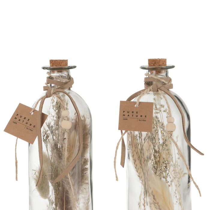 J-Line decoratie fles Gedroogde Bloemen - glas - naturel - large - 2 stuks
