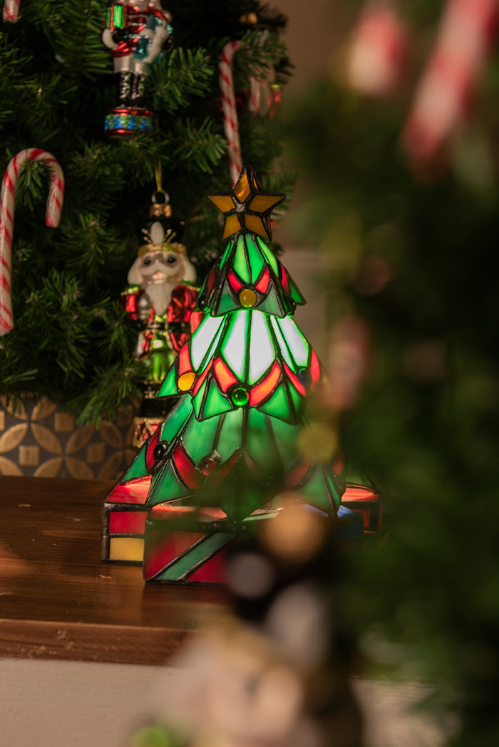 Clayre & Eef Tiffany Tafellamp Kerstboom 17x17x23 cm  Groen Glas