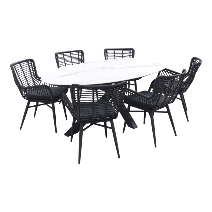 GI Ovale tuinset Scotland marmerlook wit|Jasmine stoel black–7 delig