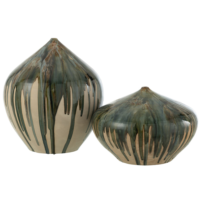 J-Line vaas Hoog Verf - keramiek - naturel|groen - 45 cm hoog