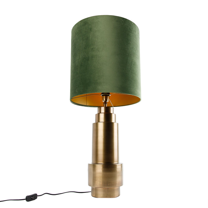 QAZQA Tafellamp brons velours kap groen met goud 40 cm - Bruut