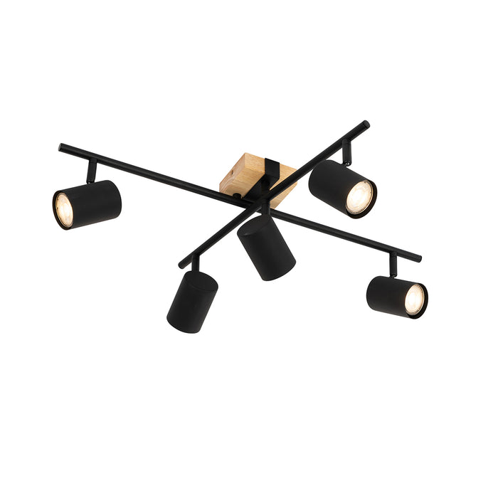 QAZQA Plafondlamp zwart met hout 5-lichts verstelbaar rechthoekig -