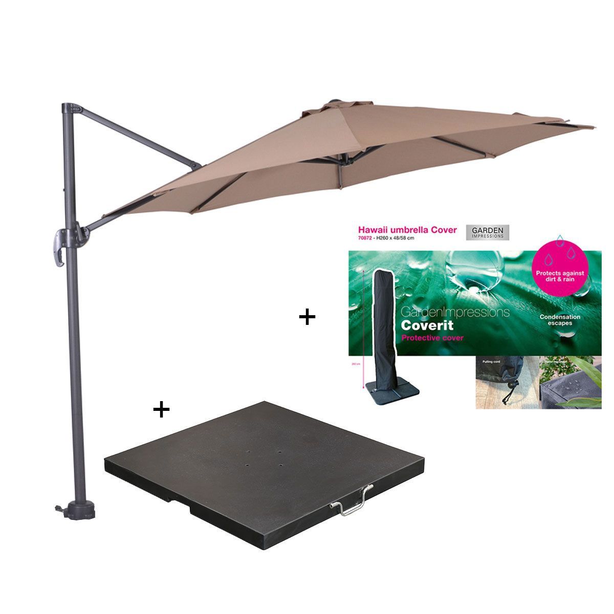 Garden Impressions Hawaii parasol S Ø300 taupe + 80kg voet en hoes