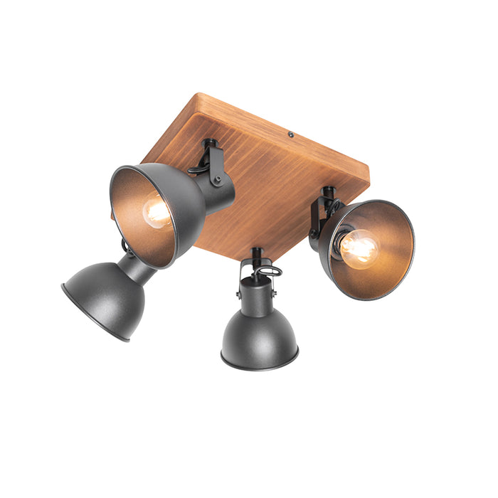 QAZQA Industriële spot zwart met hout kantelbaar 4-lichts - Tommy