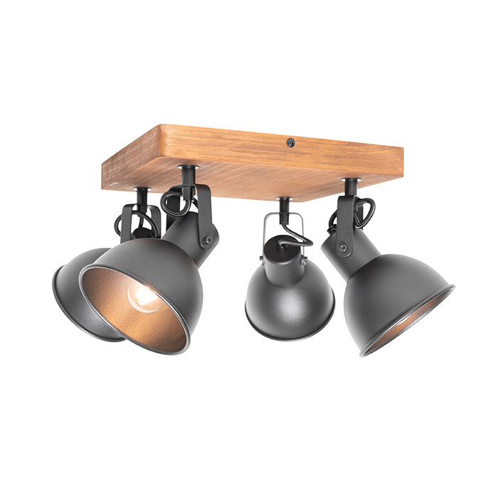QAZQA Industriële spot zwart met hout kantelbaar 4-lichts - Tommy