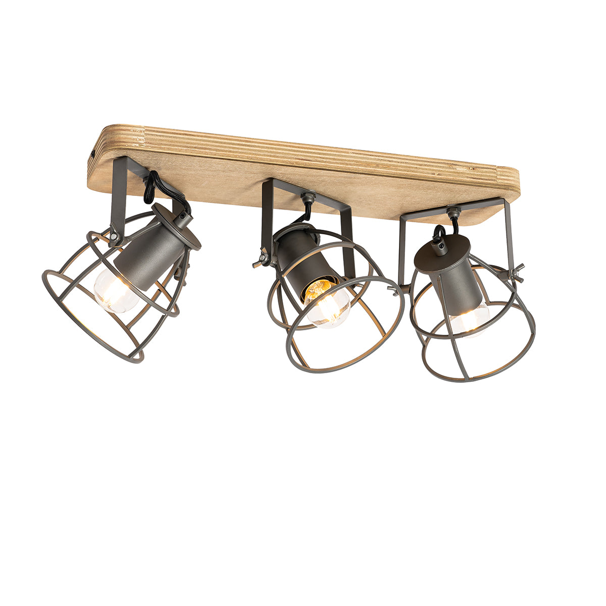 QAZQA Industriële spot donkergrijs met hout verstelbaar 3-lichts -
