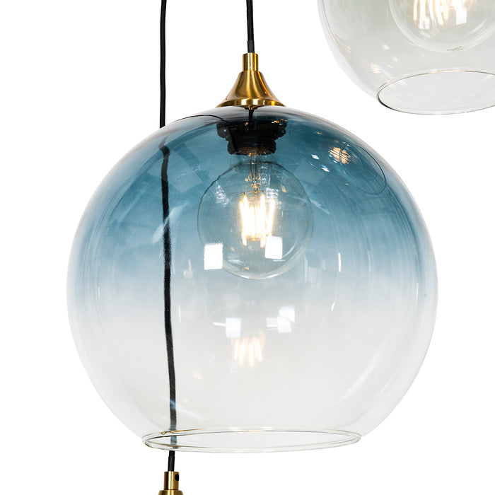 QAZQA Art Deco Hanglamp messing met blauw glas rond 7-lichts - Sandra