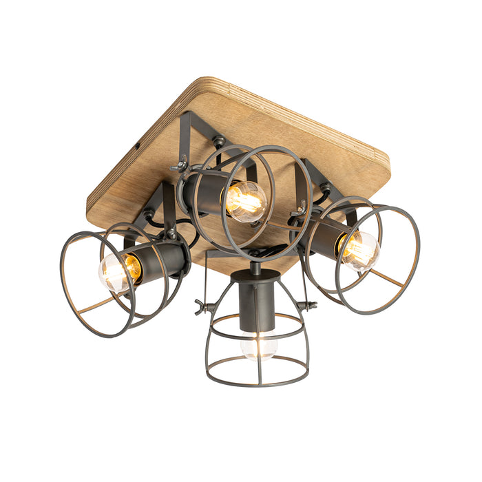 QAZQA Industriële spot hout met donkergrijs verstelbaar 4-lichts -