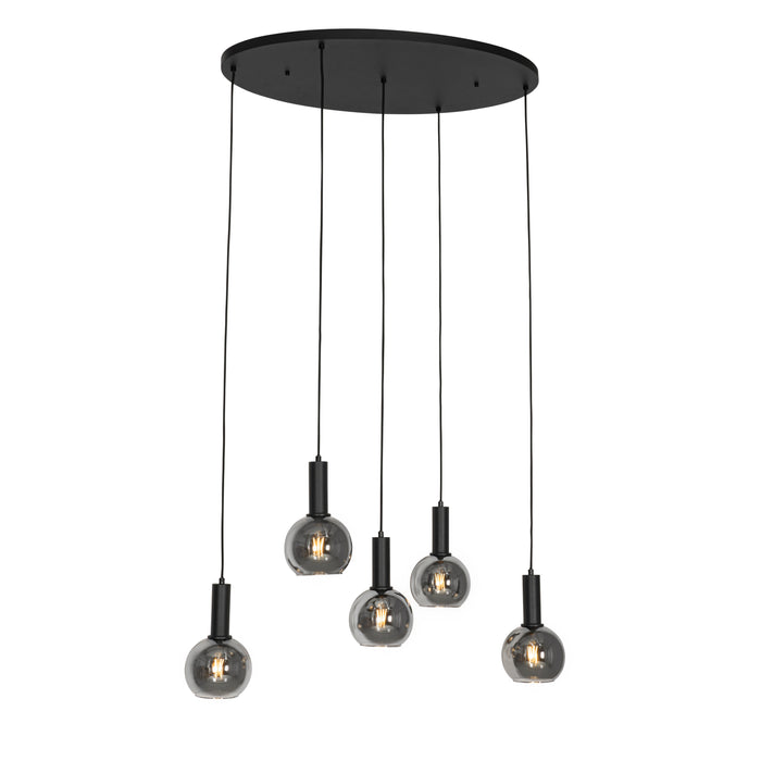 QAZQA Art Deco hanglamp zwart met smoke glas ovaal 5-lichts - Josje