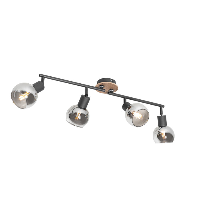 QAZQA Plafondlamp zwart met smoke glas en hout 4-lichts - Vidro