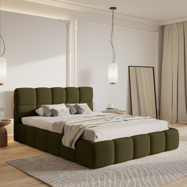 NADUVI Collection Chloe Bedframe 160 x 200 cm - met Opbergvak - Bouclé - Olijfgroen