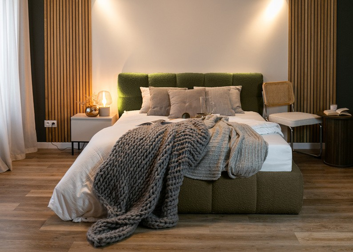 NADUVI Collection Chloe Bedframe 140 x 200 cm - met Opbergvak - Bouclé - Olijfgroen