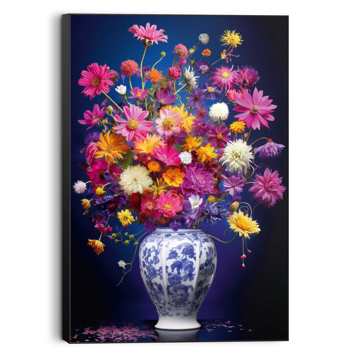 Reinders - Delft Blue Vibrant Flowers - Schilderij 90x60cm Zwart